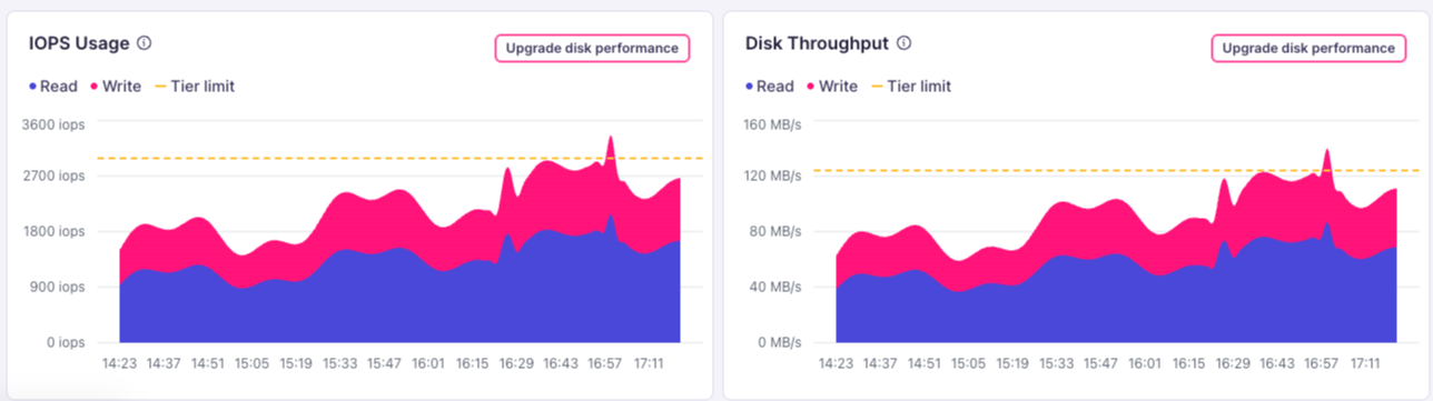 IOPS Usage and Disk Throughput charts showing read and write consumption against the tier limit