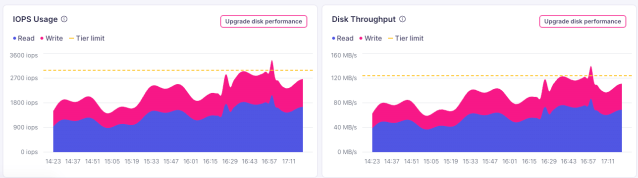 IOPS Usage and Disk Throughput charts showing read and write consumption against the tier limit