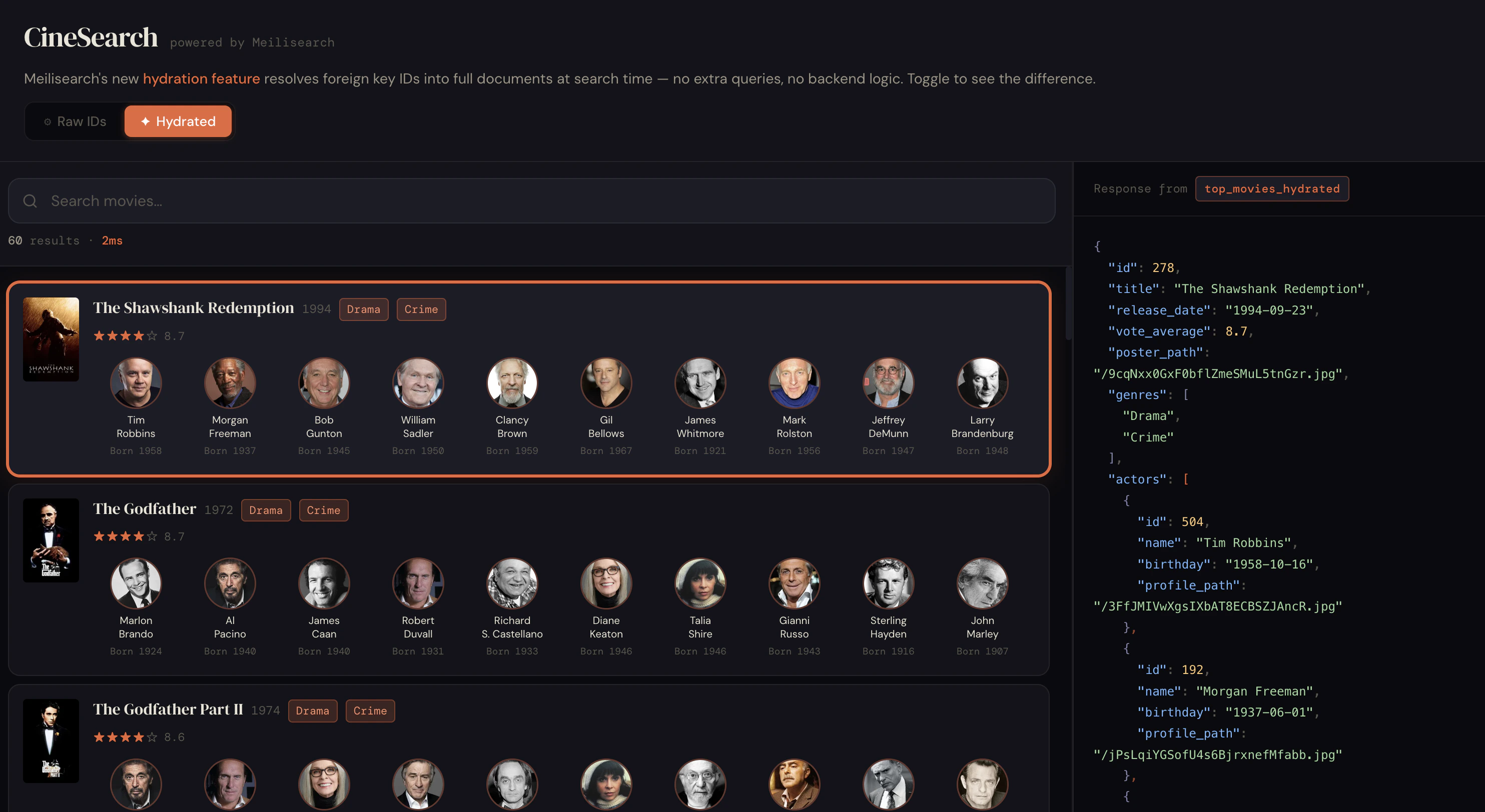 Hydration demo showing search results enriched with related data