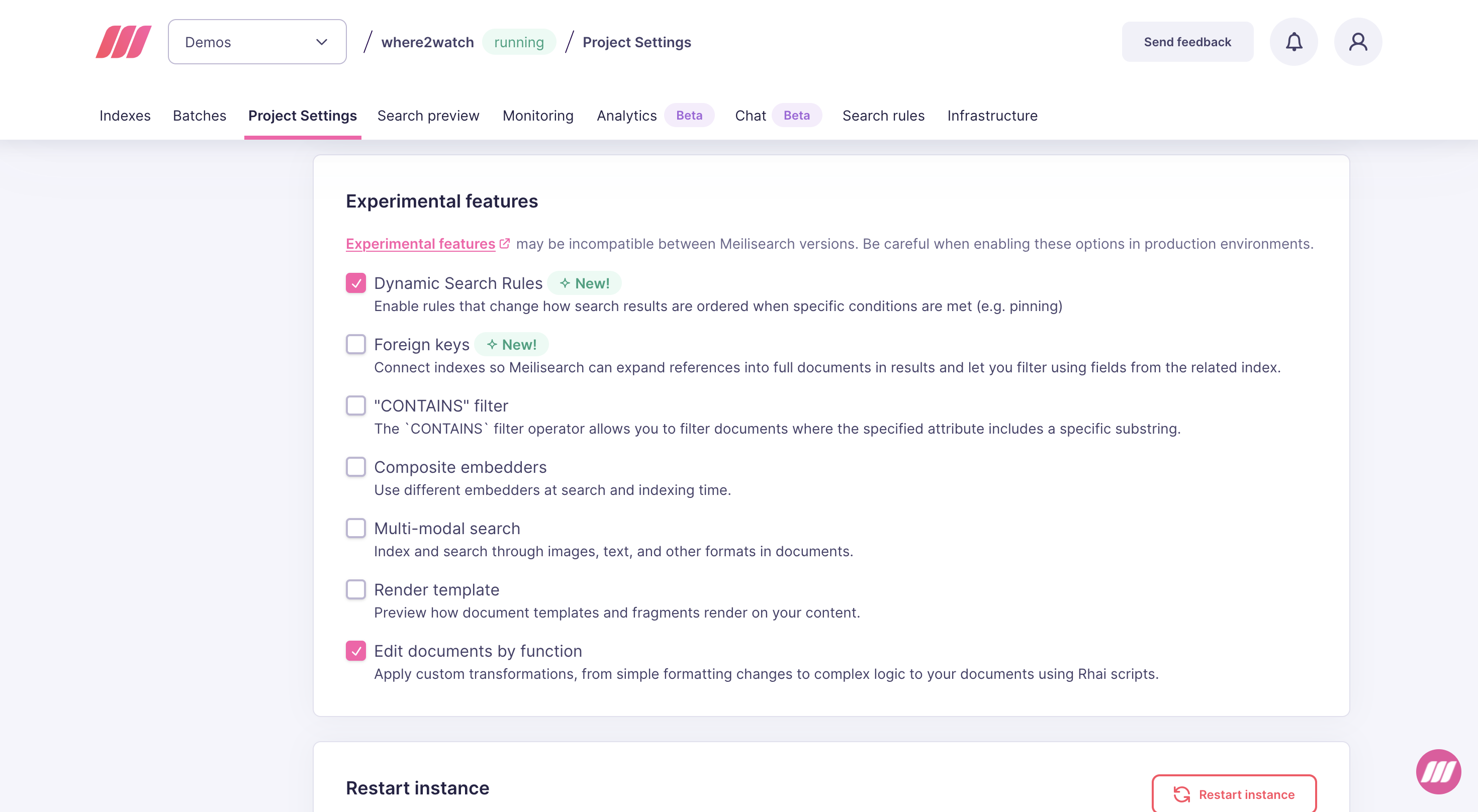 Experimental features section in Project Settings showing checkboxes for each available feature