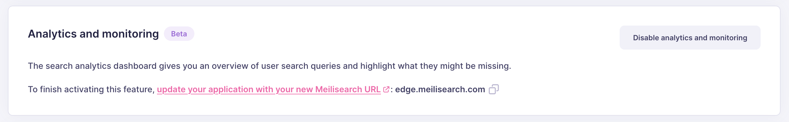 The analytics section of the project overview. It shows one button, 'Disable analytics and monitoring', and a short explanation of both features.
