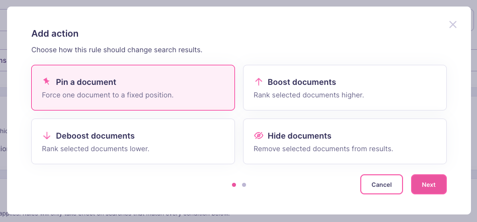 Add action dialog with the pin, boost, deboost, and hide options