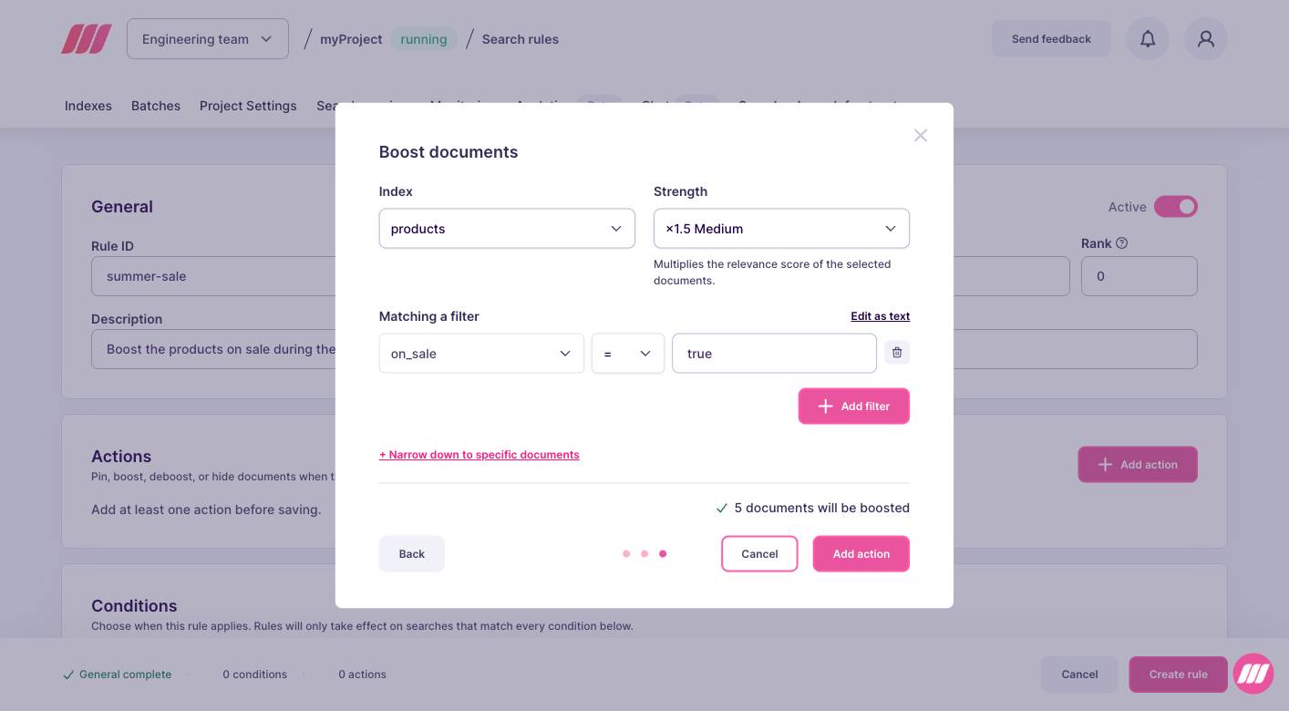 Boost documents dialog with the index, the strength, and the filter