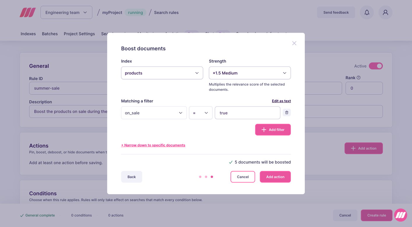 Boost documents dialog with the index, the strength, and the filter