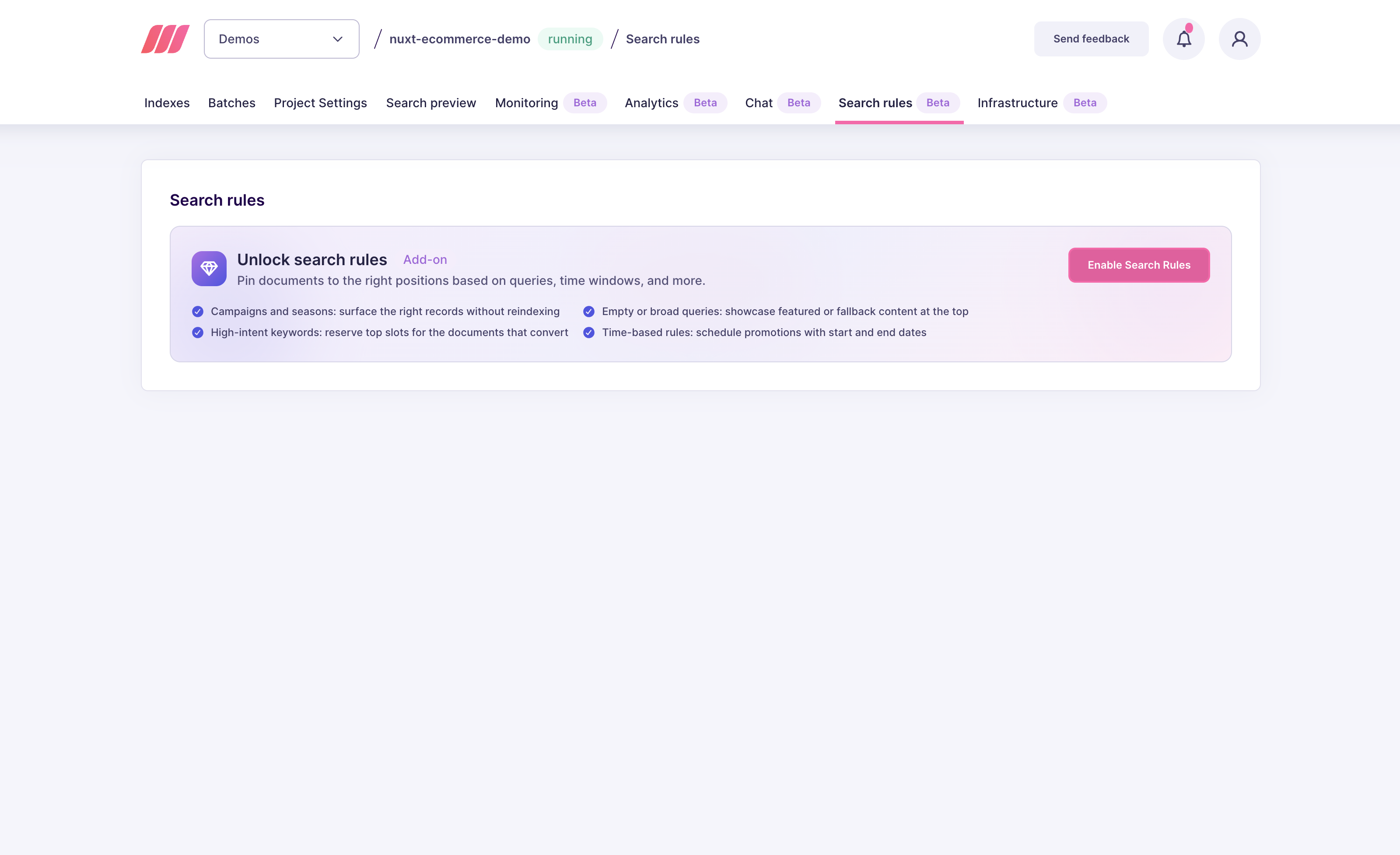 Meilisearch Cloud Search rules tab with an "Enable Search Rules" button in the add-on panel