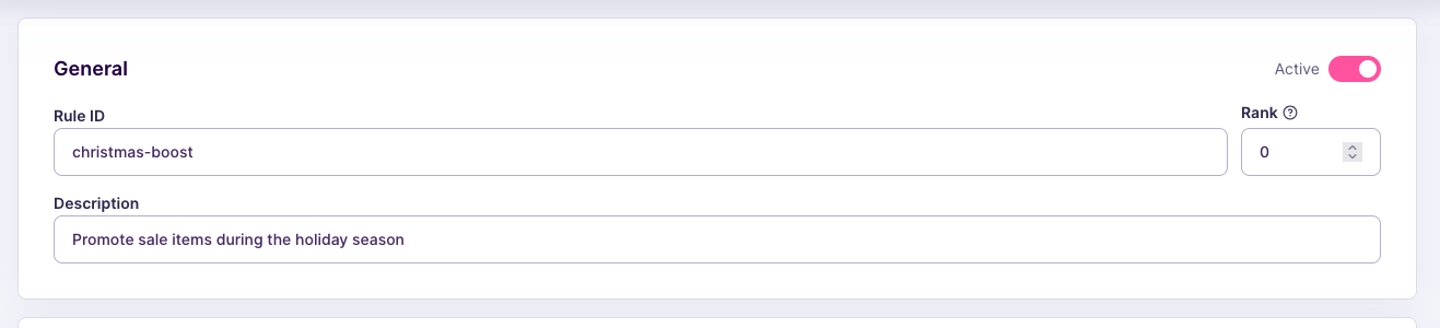 General block of the rule editor with the Rule ID, Description, Rank, and Active fields