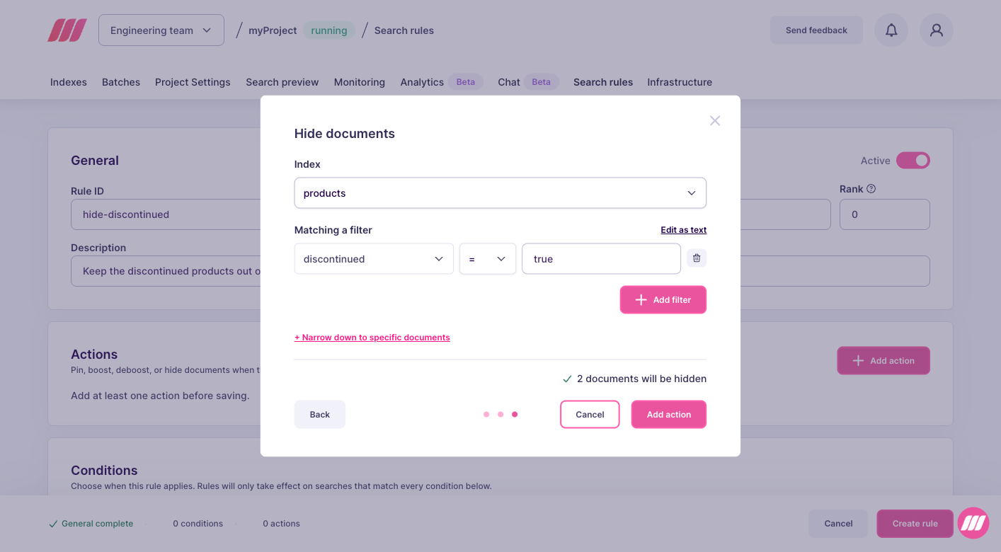 Hide documents dialog with the index and the filter