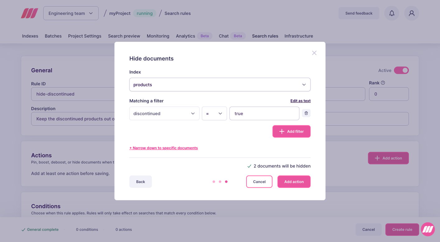 Hide documents dialog with the index and the filter