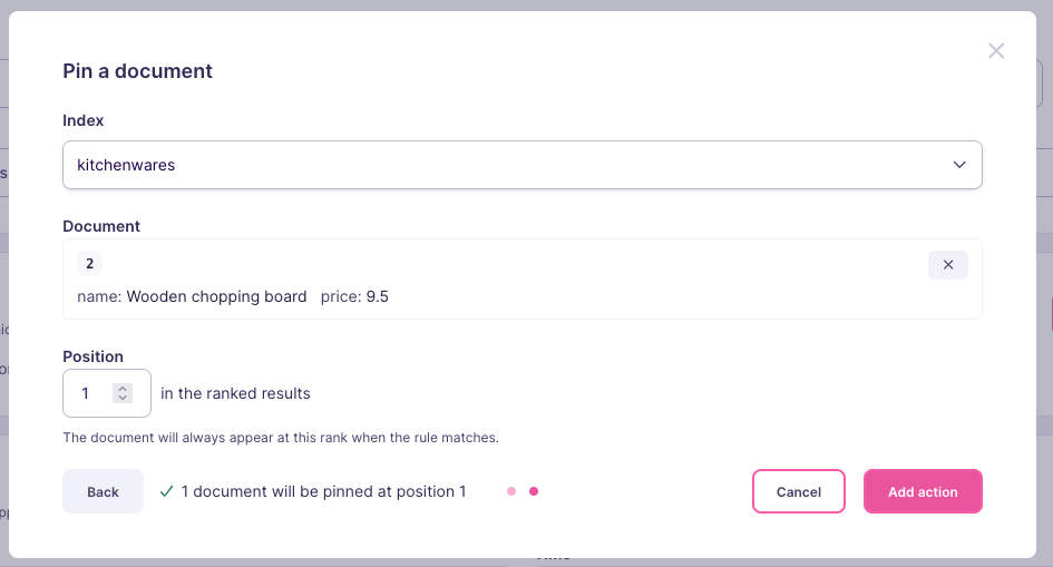 Pin a document dialog with an index dropdown, a document selector, and a position input