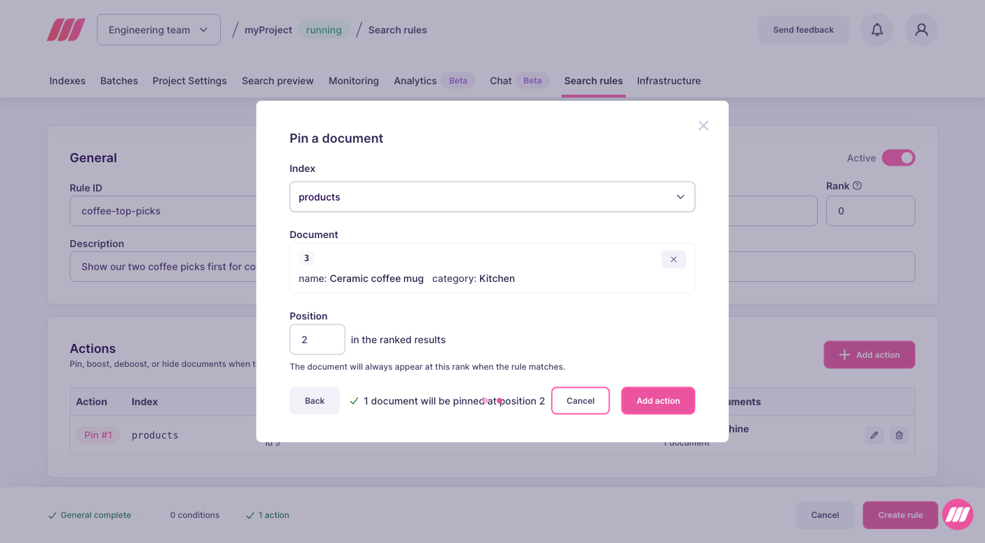 Pin a document dialog with the index, the document, and the position