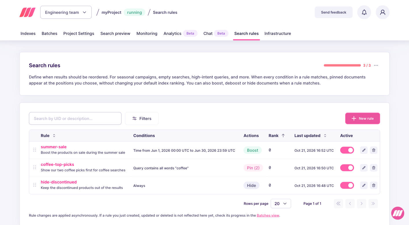 Search rules list with the Active toggle on each row