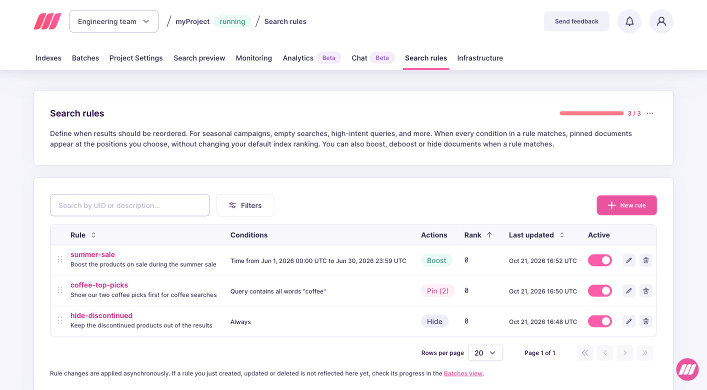 Search rules list with the Active toggle on each row