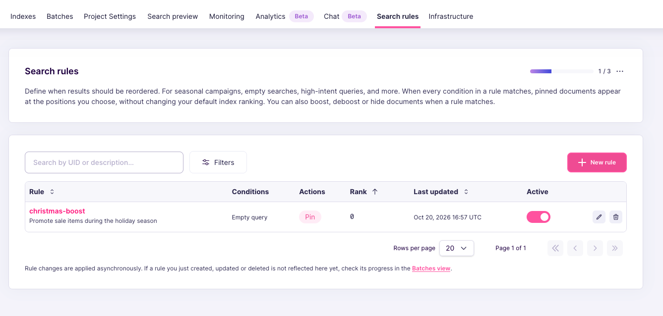 Search rules list with one rule showing its conditions, pin action, rank, last update, and active toggle