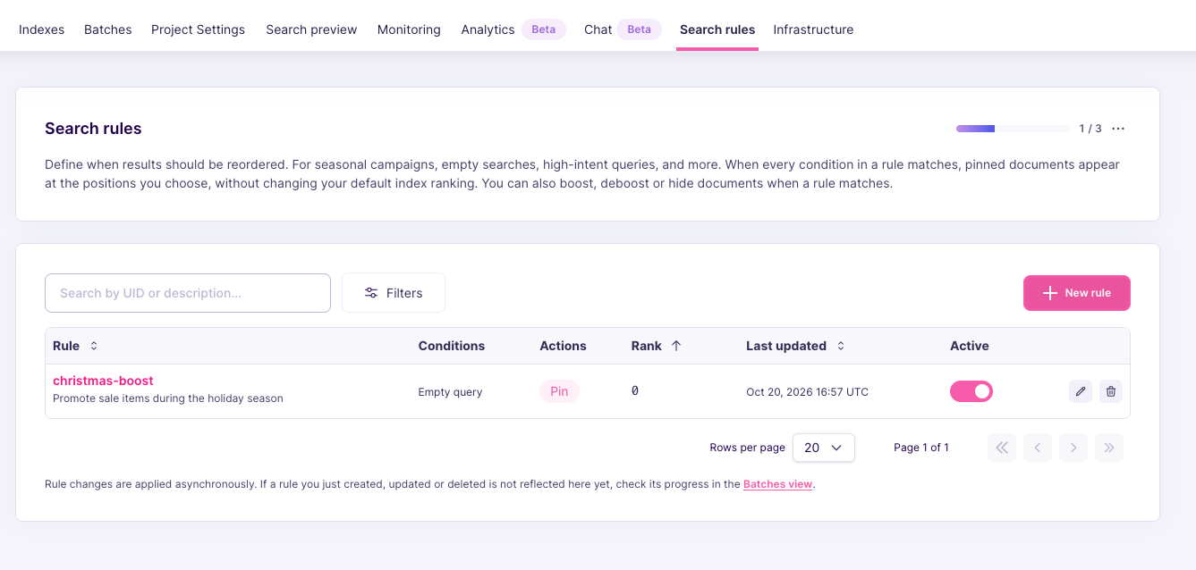Search rules list with one rule showing its conditions, pin action, rank, last update, and active toggle