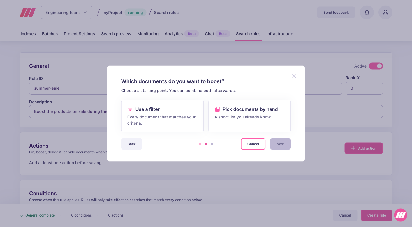 Dialog asking whether to select documents with a filter or by hand