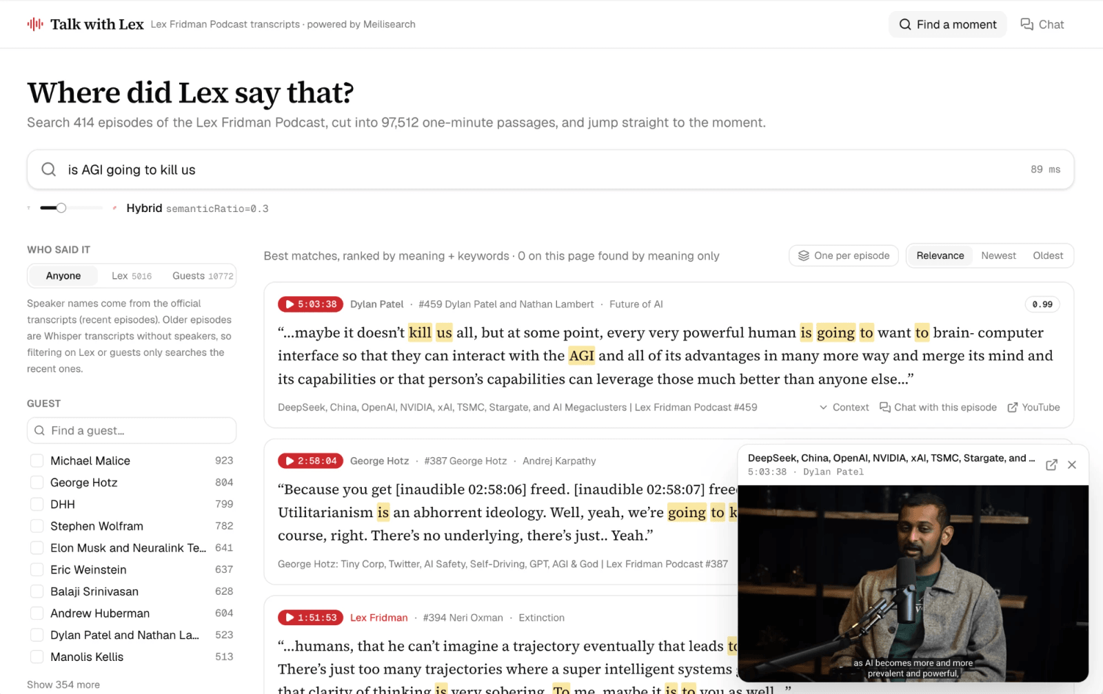 Searching "is AGI going to kill us": hybrid results with highlighted matches, speaker and chapter labels, and the video playing at the matching second