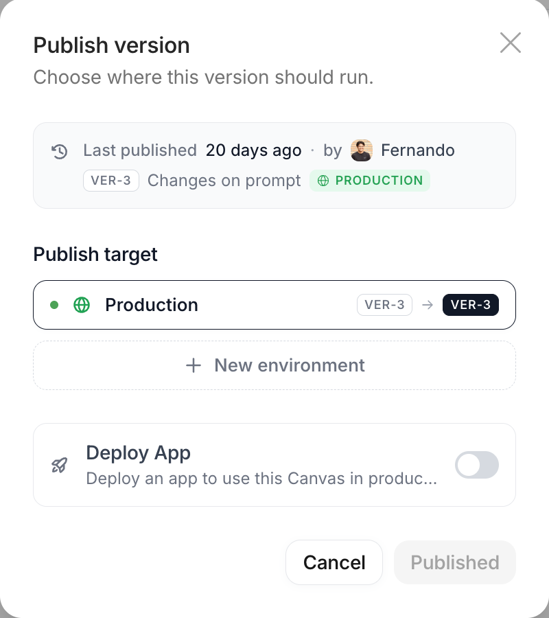 Publish dialog with the Deploy App option