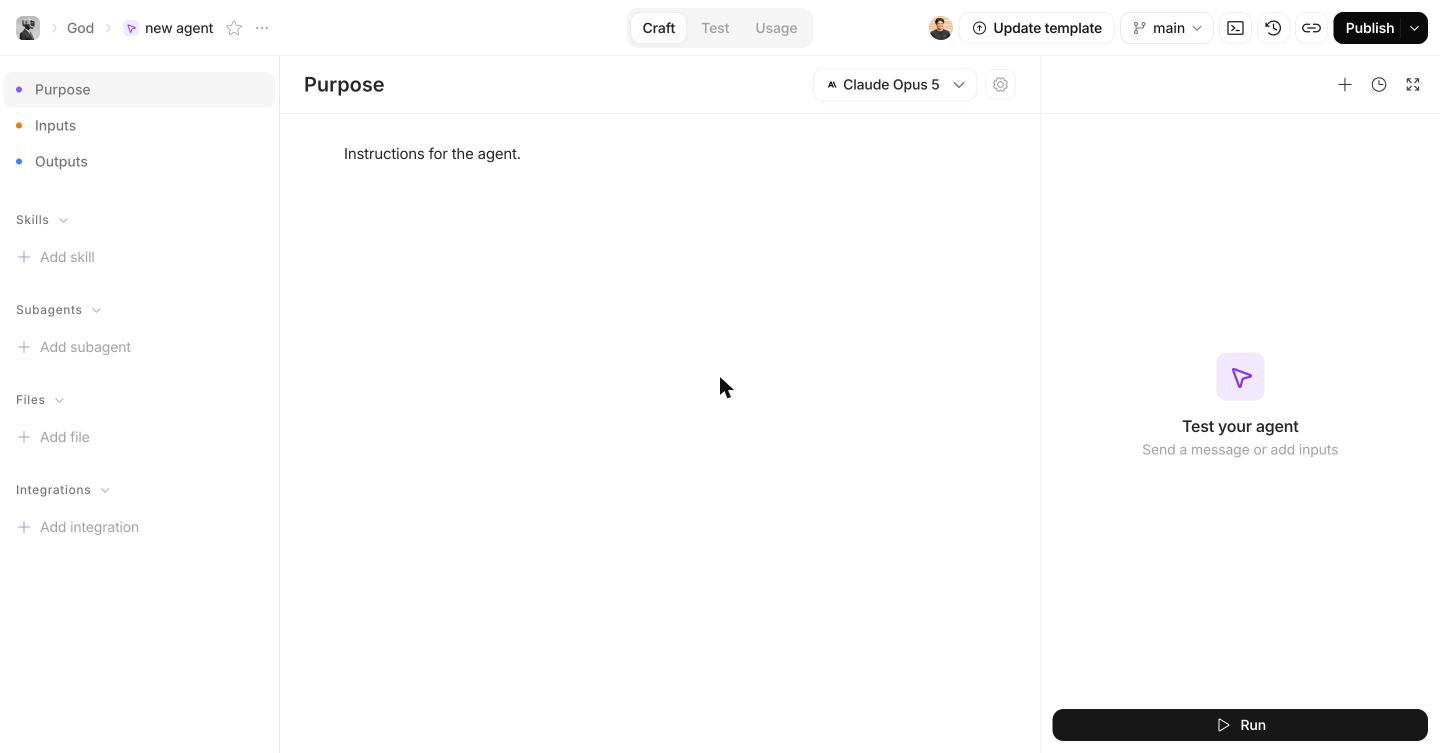 Agent page in the Craft experience