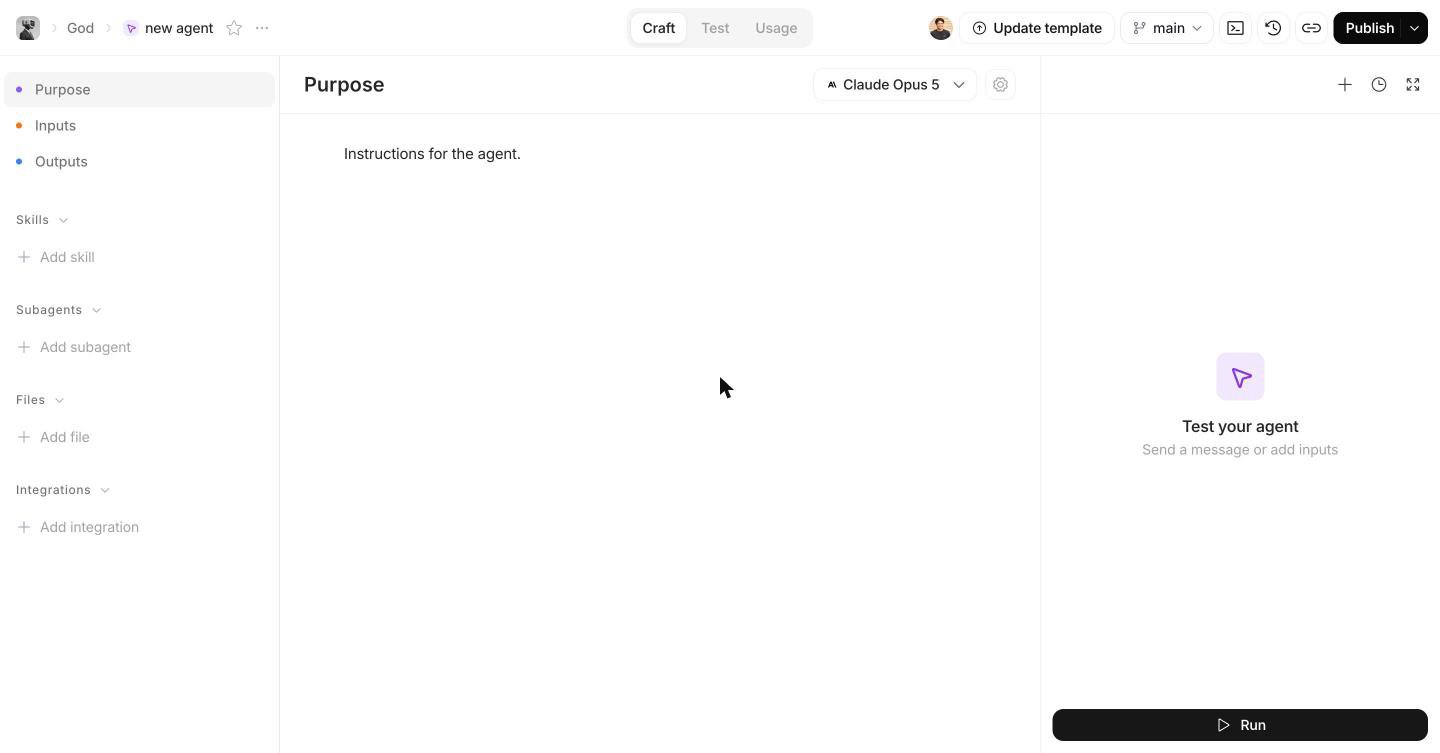 Agent page in the Craft experience