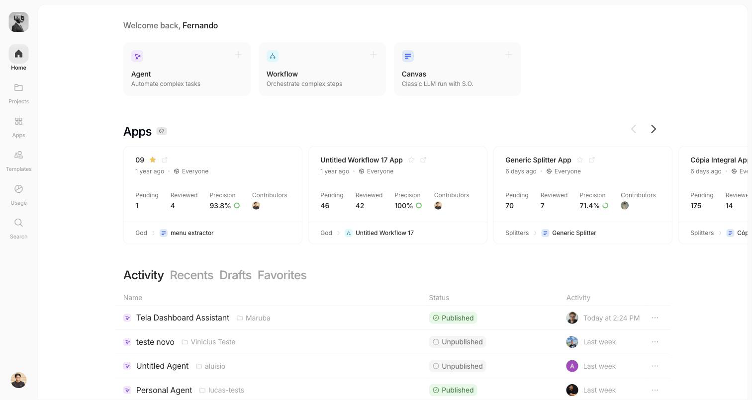 Dashboard with the Agent, Workflow and Canvas create cards