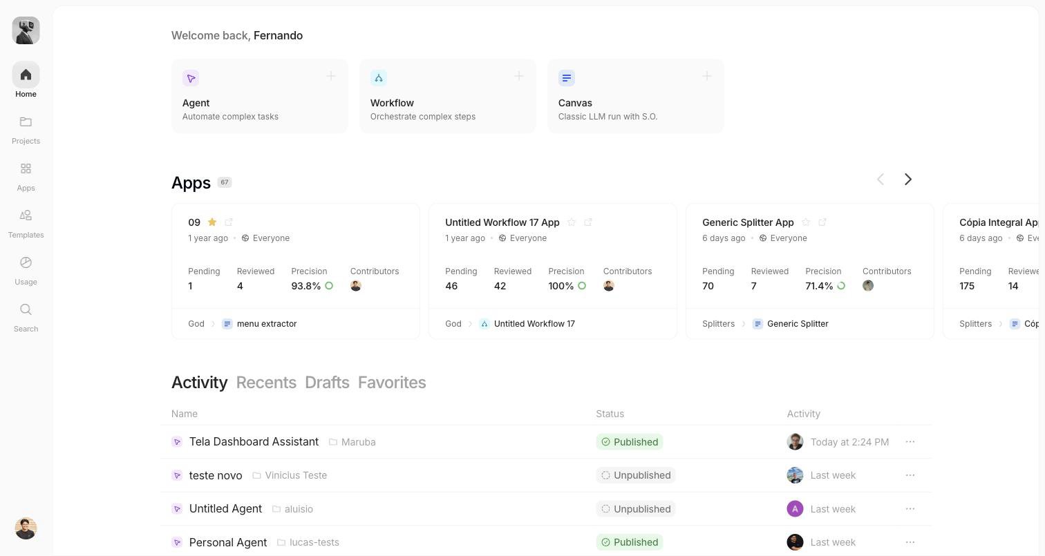 Dashboard with the Agent, Workflow and Canvas create cards