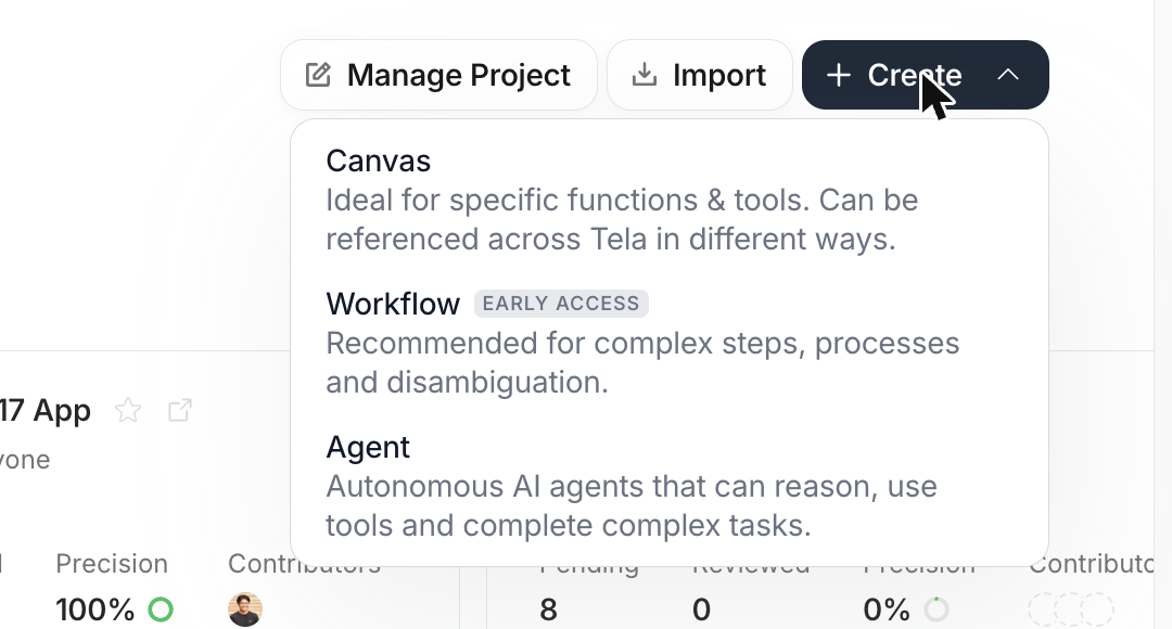 Create menu on a Project page