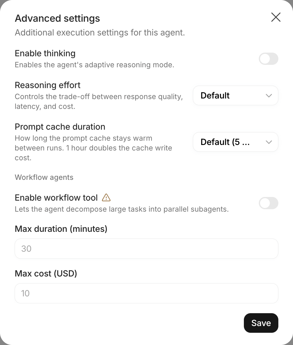 Advanced settings dialog with thinking, effort, prompt cache and the Workflow agents section