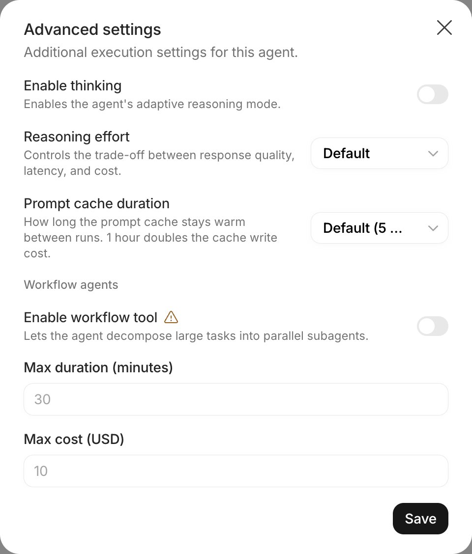 Advanced settings dialog with thinking, effort, prompt cache and the Workflow agents section