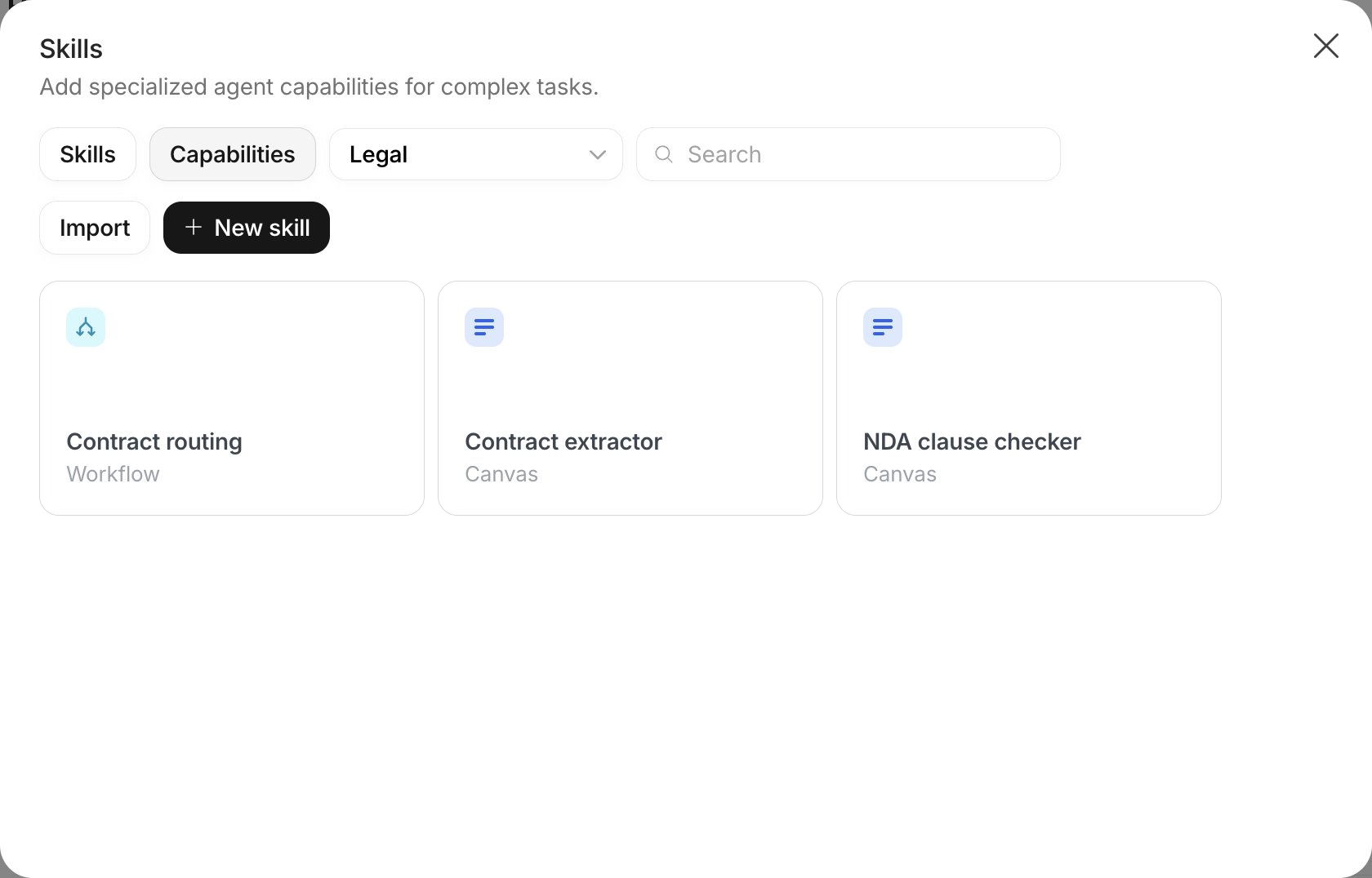 Capabilities tab of the Skills dialog listing published Canvases, Workflows and Agents of a Project