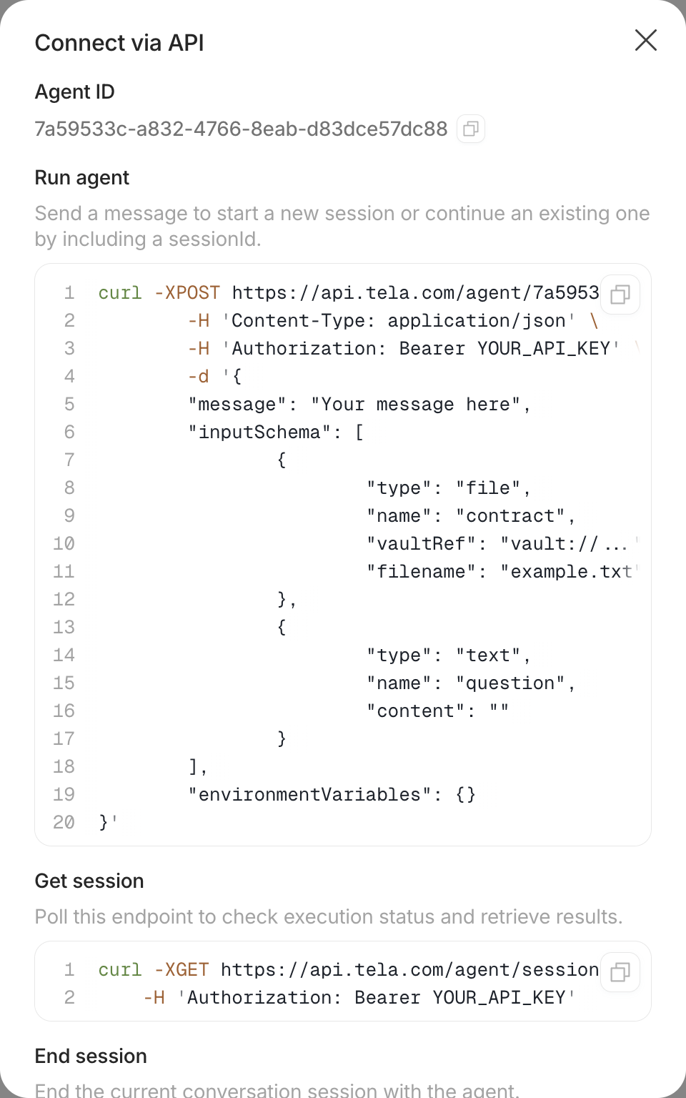 Connect via API dialog with the Agent ID and the Run agent snippet