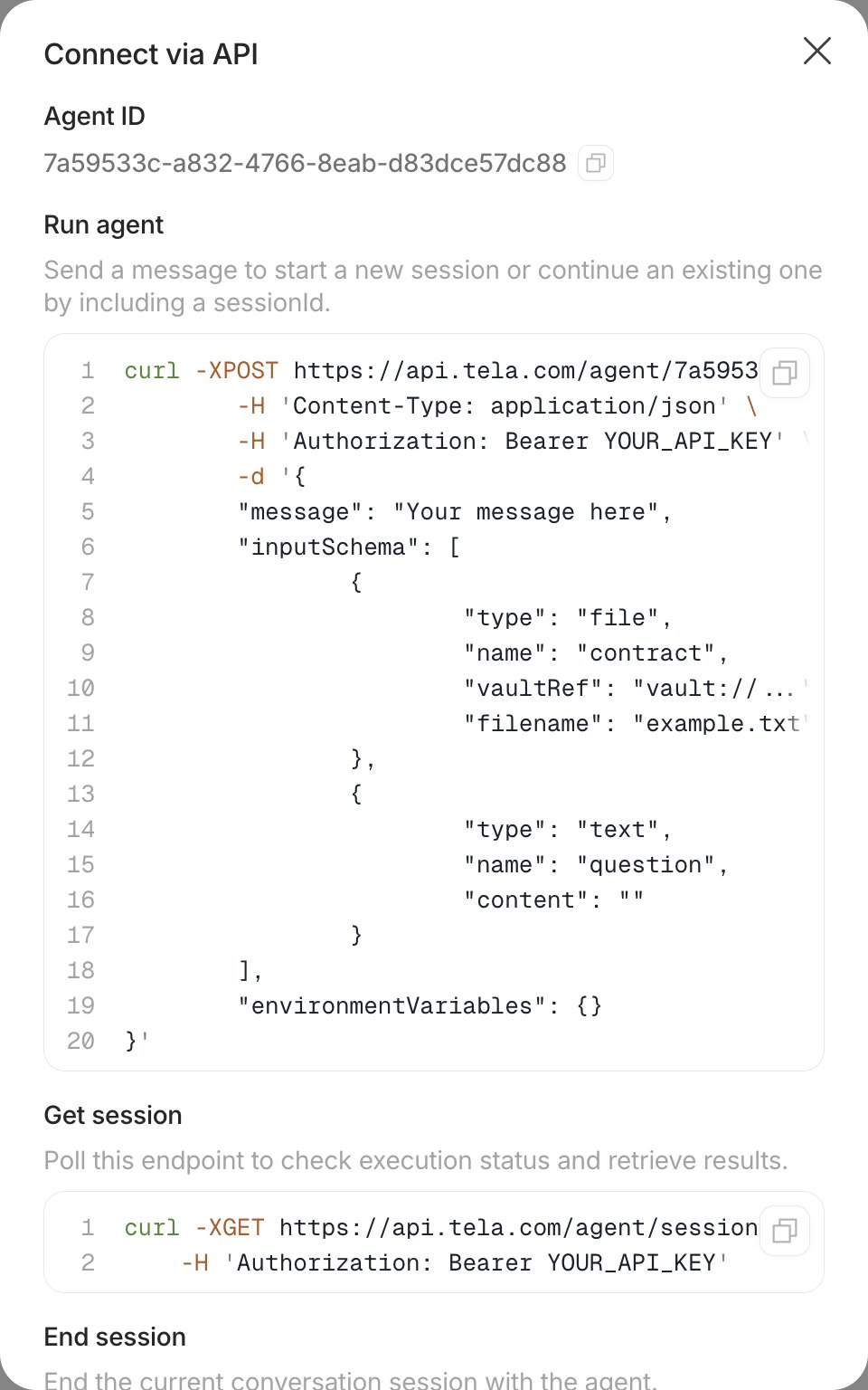 Connect via API dialog with the Agent ID and the Run agent snippet