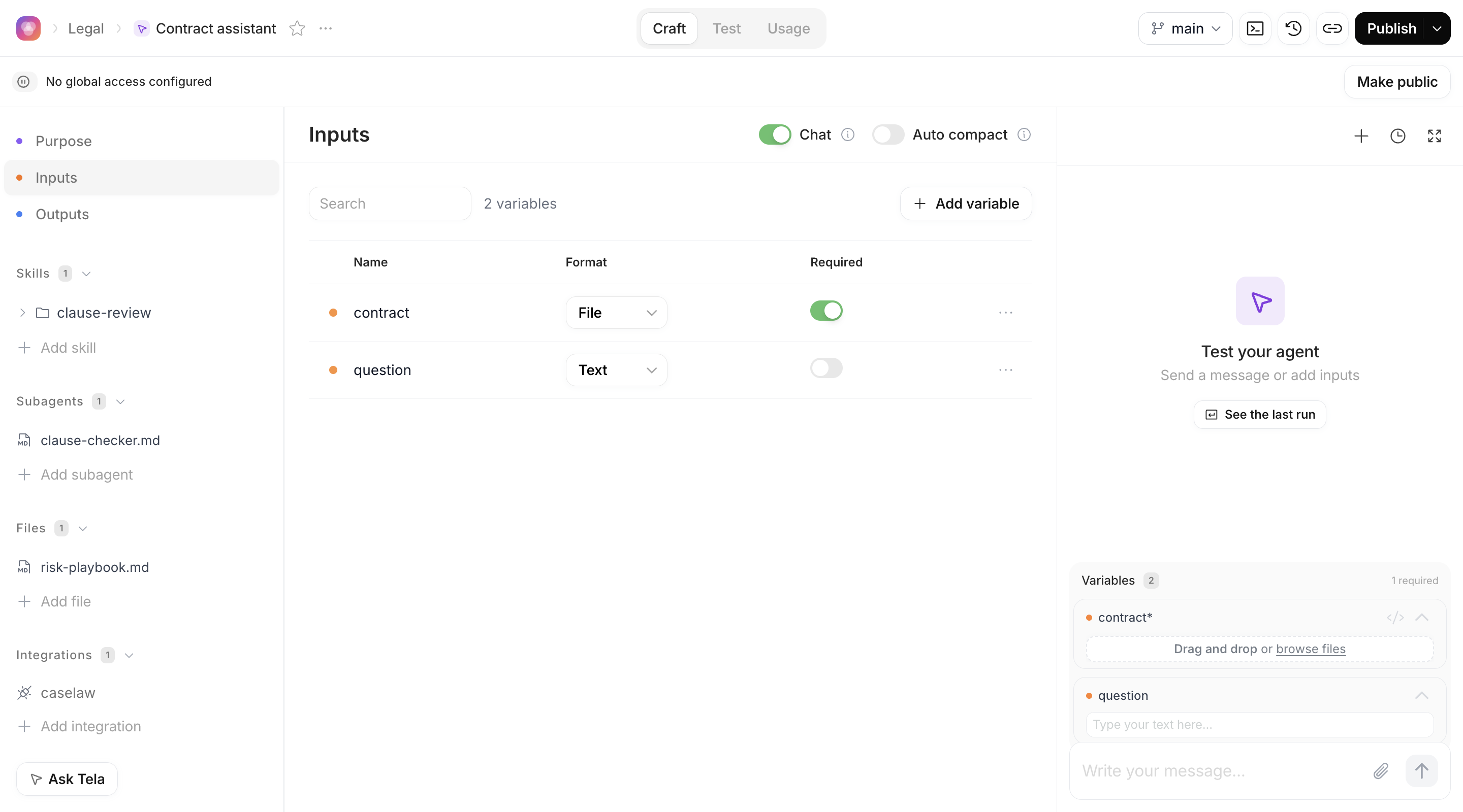 Inputs section listing the contract and question inputs, with the Chat and Auto compact switches in the header