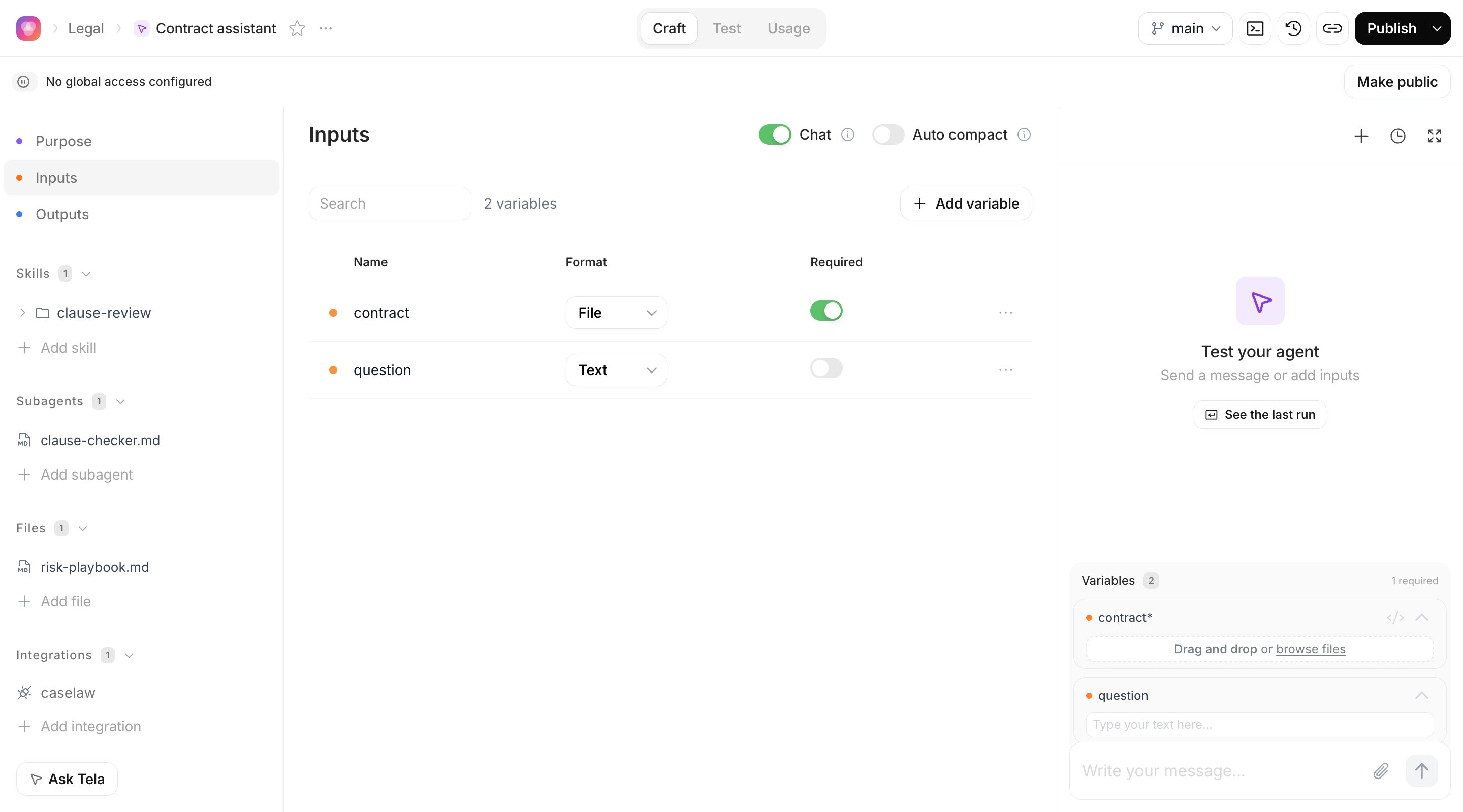 Inputs section listing the contract and question inputs, with the Chat and Auto compact switches in the header