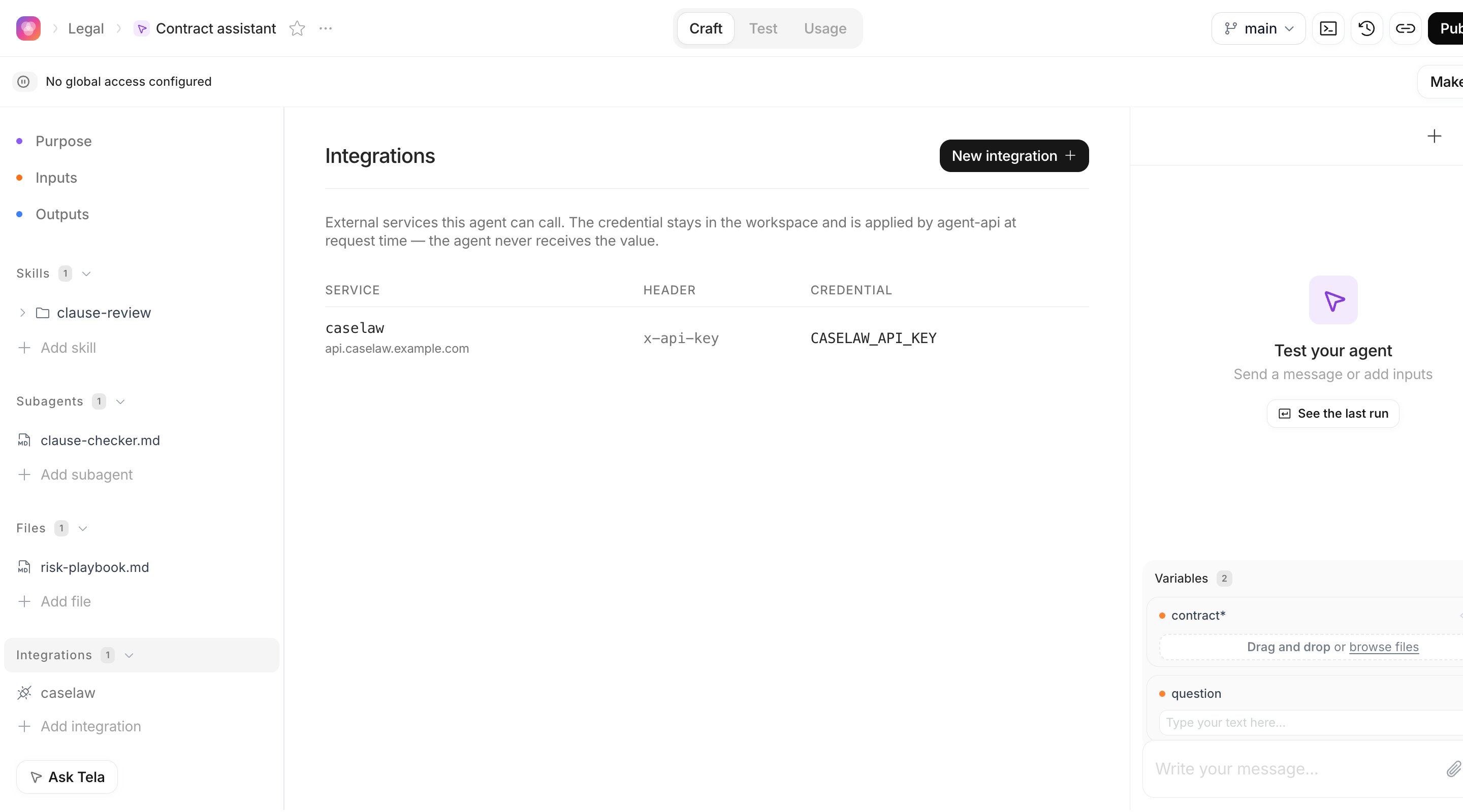 Integrations section listing the caselaw integration with its header and credential
