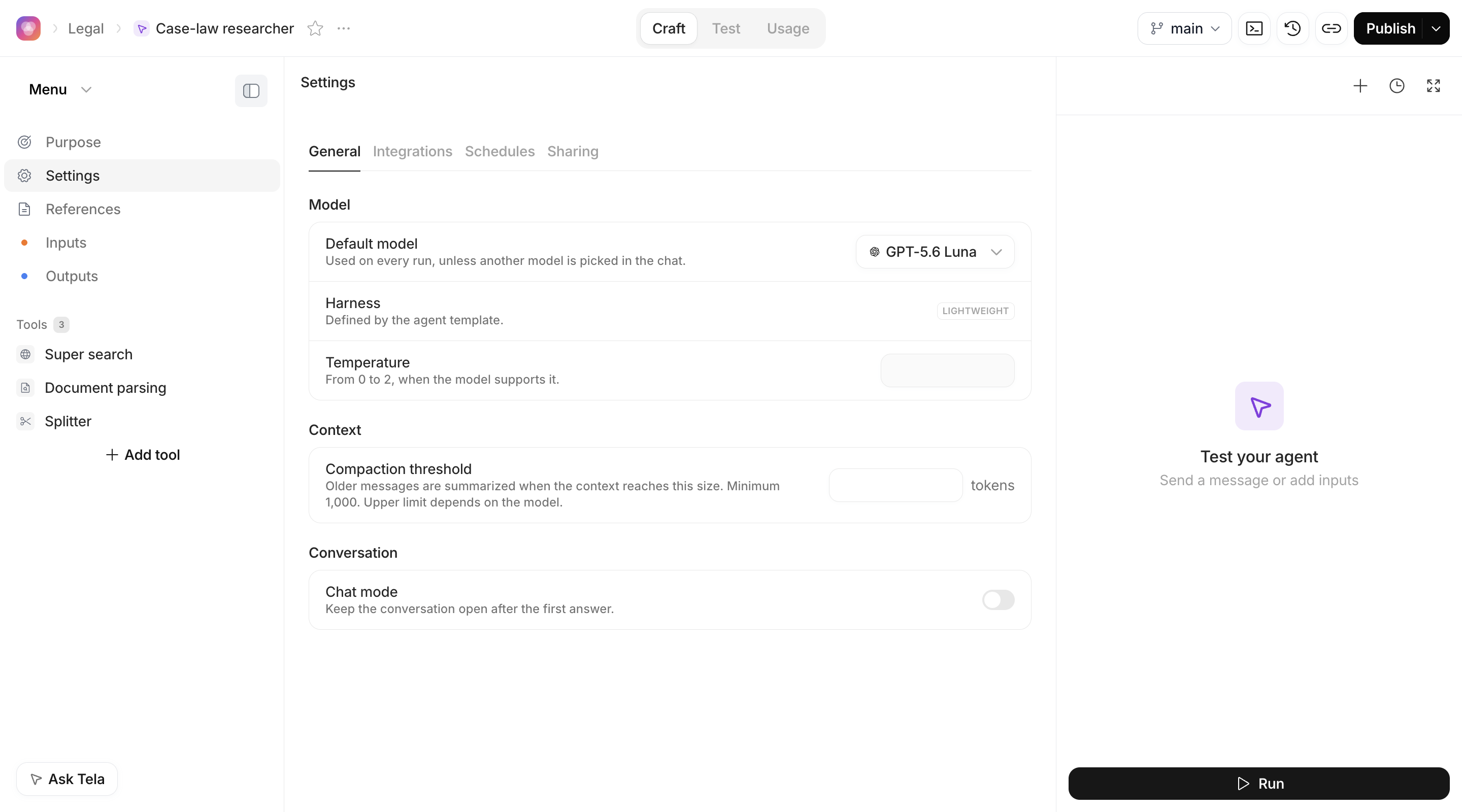 Settings of a Lightweight Agent, General tab, with default model, harness, temperature, compaction threshold and chat mode