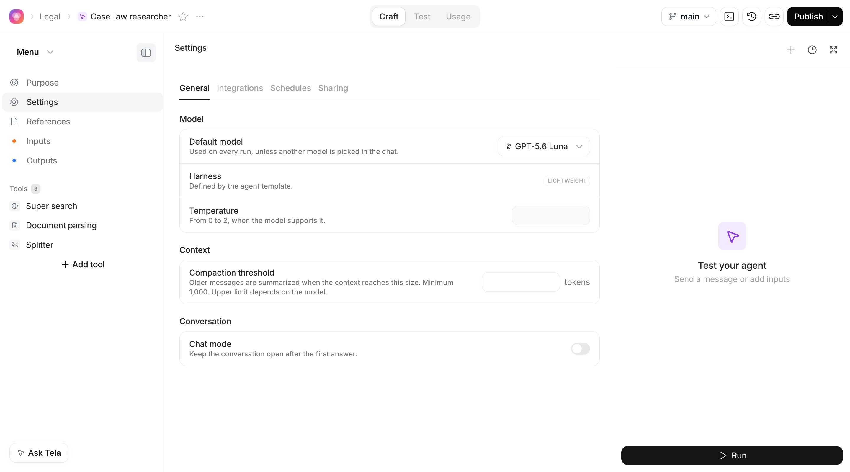 Settings of a Lightweight Agent, General tab, with default model, harness, temperature, compaction threshold and chat mode