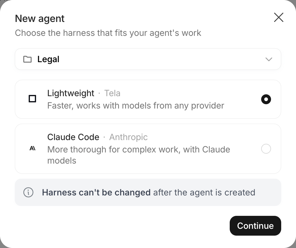 New agent dialog with the Project selector and the two harness options