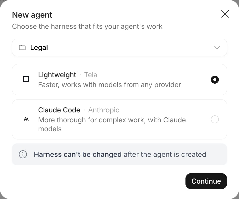 New agent dialog with the Project selector and the two harness options