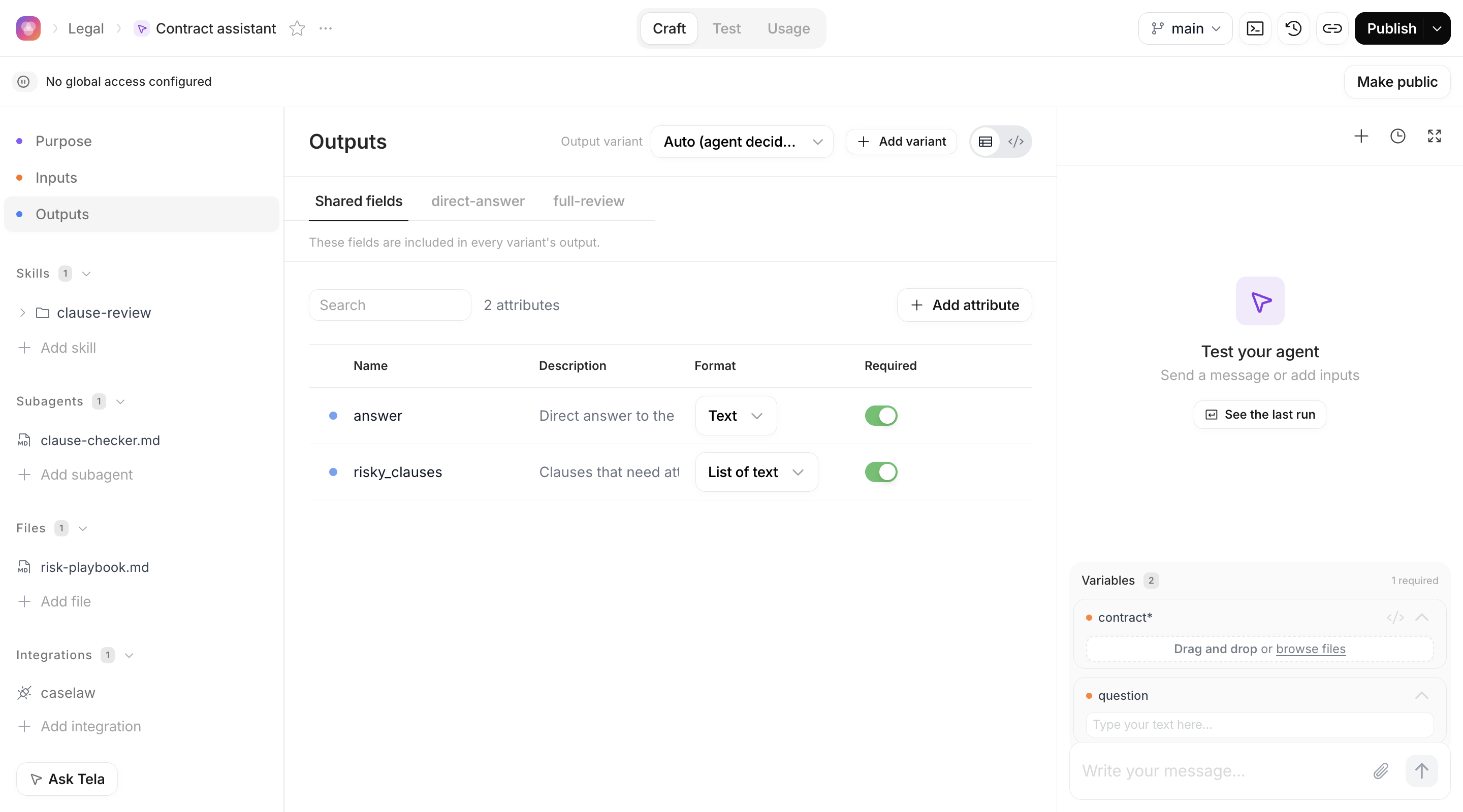 Outputs section with the Shared fields tab and two variant tabs
