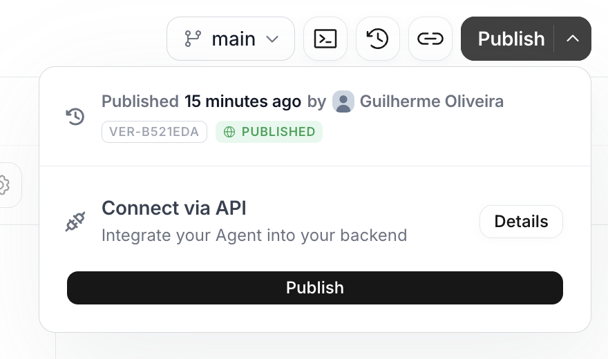Publish dropdown with the published status, the version identifier and the Connect via API card