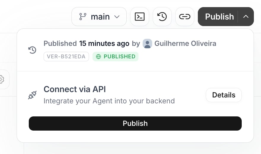 Publish dropdown with the published status, the version identifier and the Connect via API card