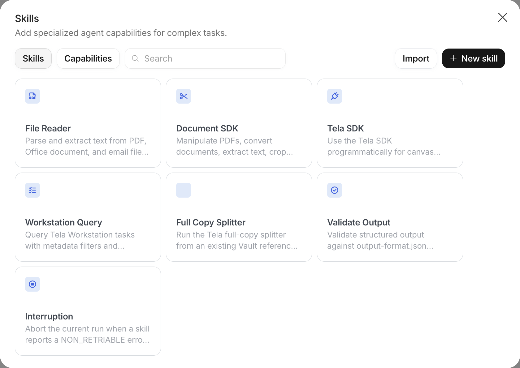 Skills dialog with the Skills and Capabilities tabs, the search box and the Import and New skill buttons