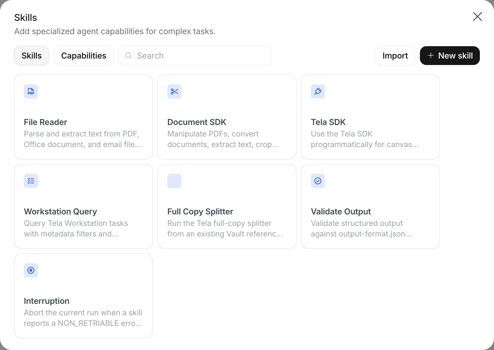 Skills dialog with the Skills and Capabilities tabs, the search box and the Import and New skill buttons