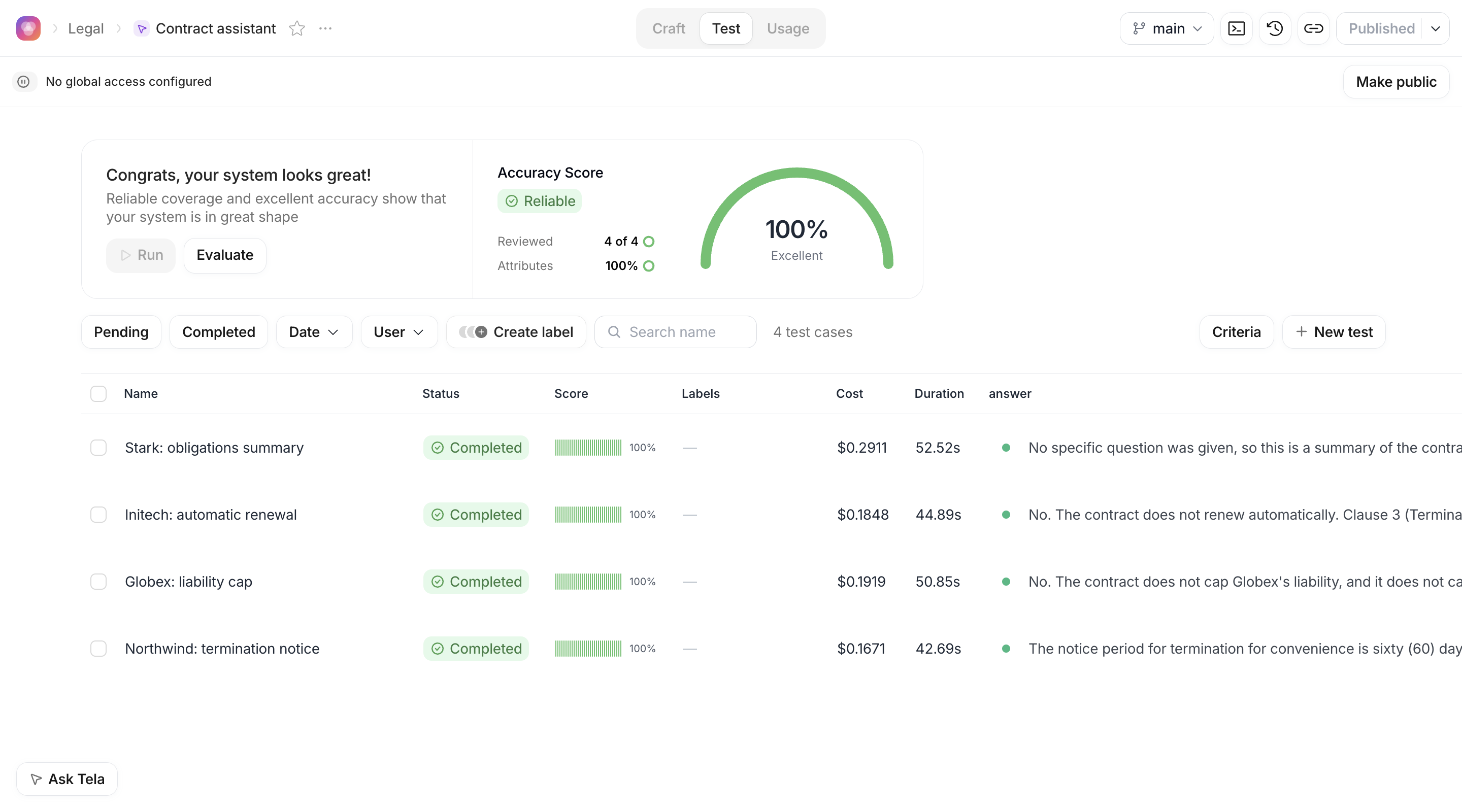 Test experience with the summary metrics and the list of test cases