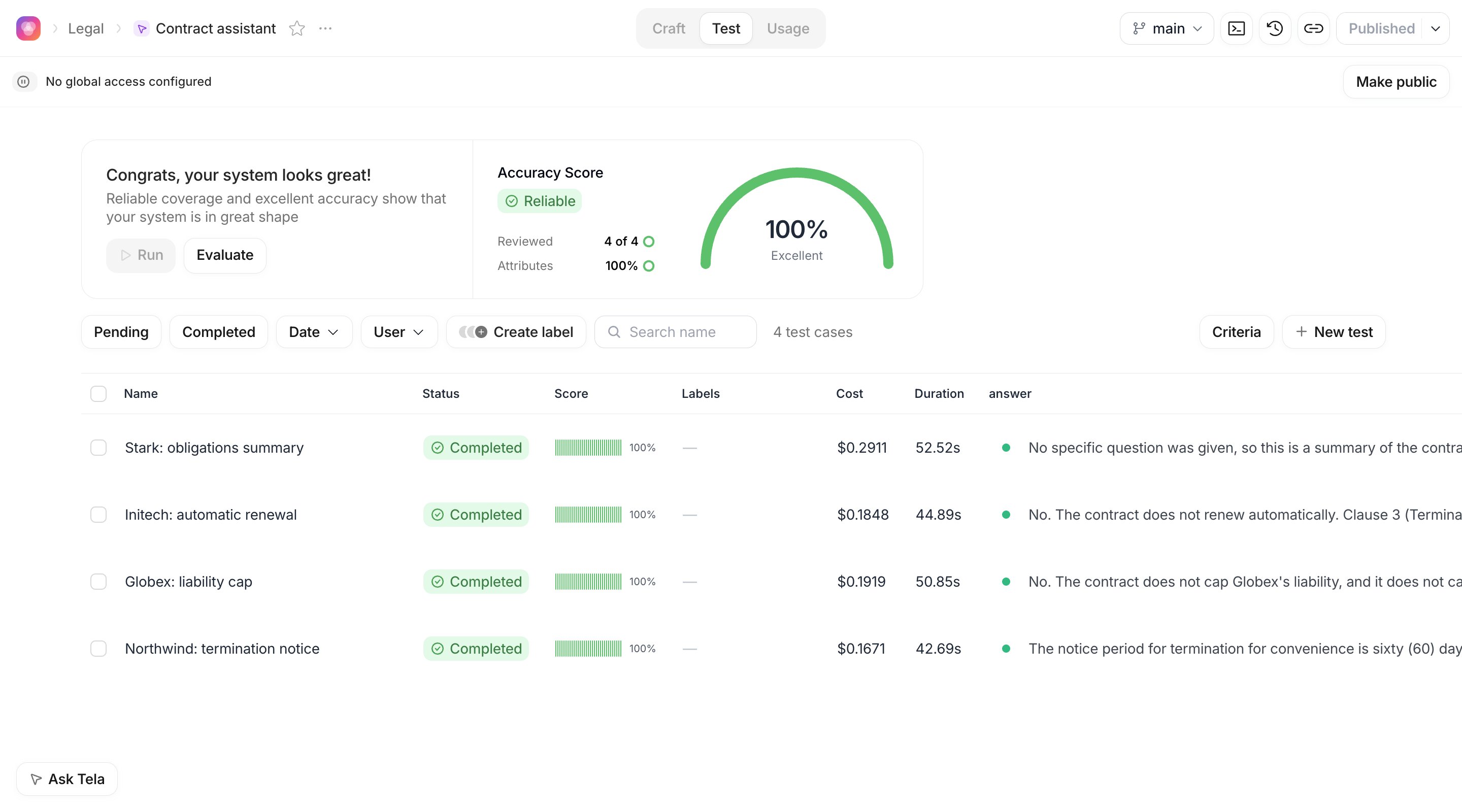 Test experience with the summary metrics and the list of test cases