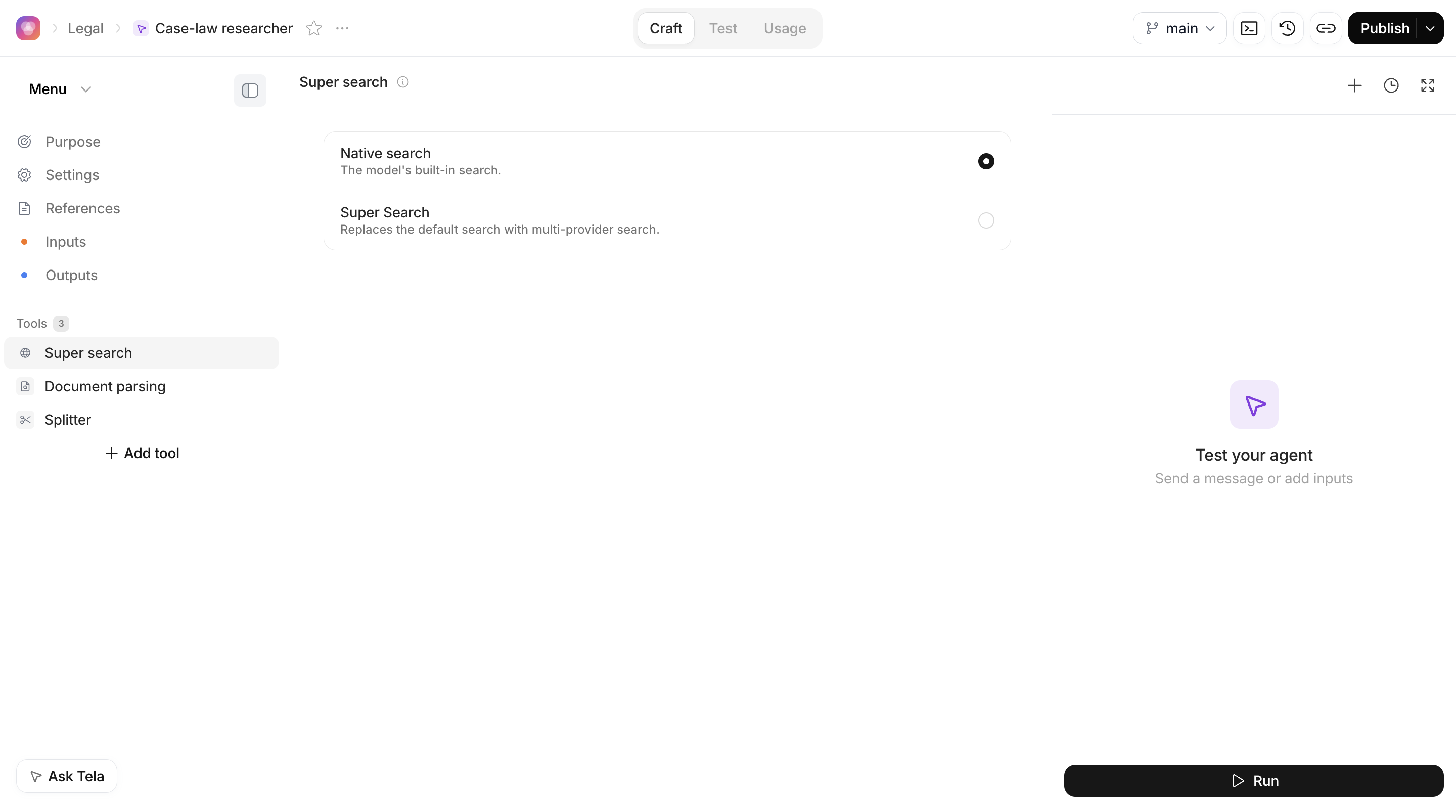 Page of a Lightweight Agent with the Super search tool open, showing Native search and Super Search