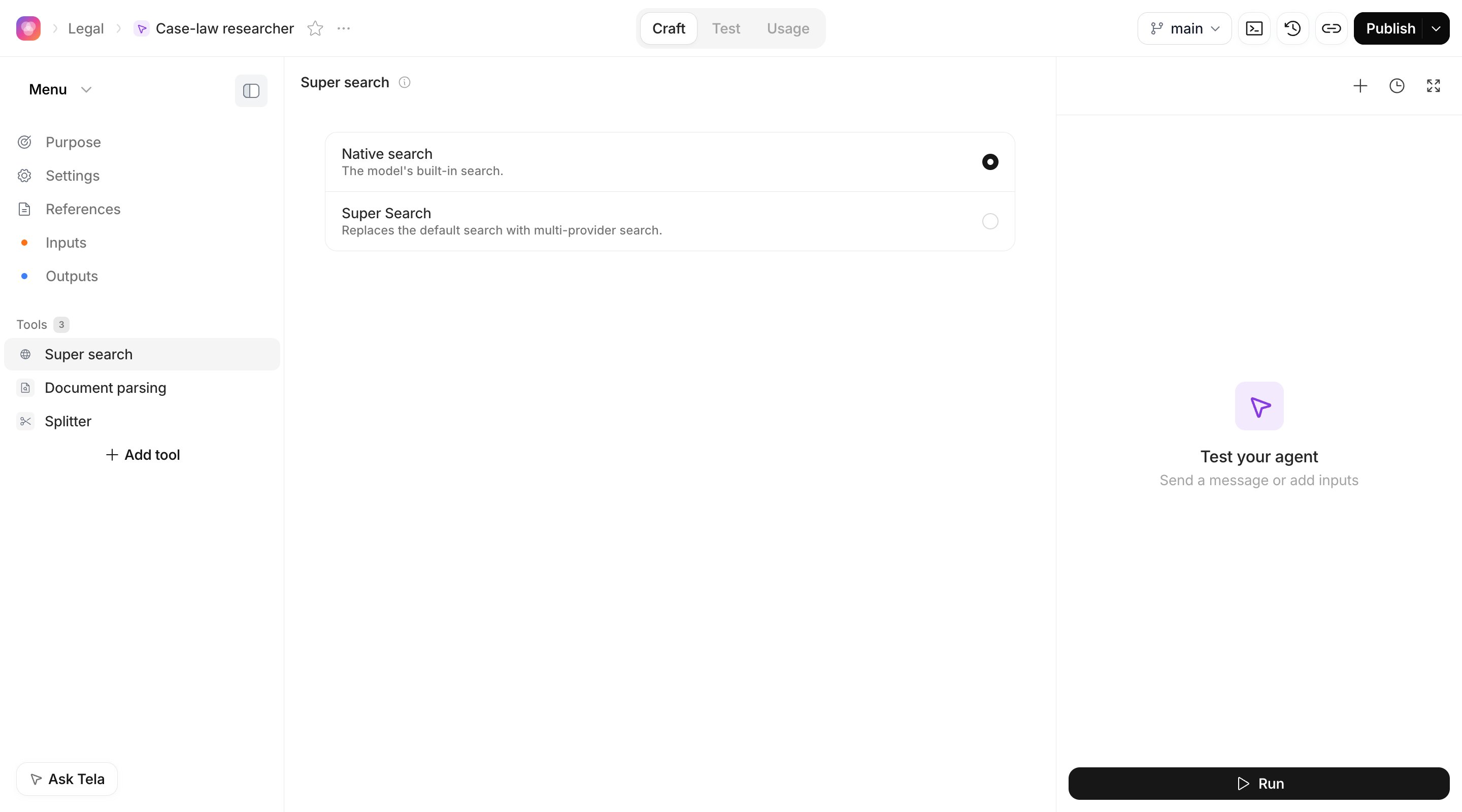 Page of a Lightweight Agent with the Super search tool open, showing Native search and Super Search