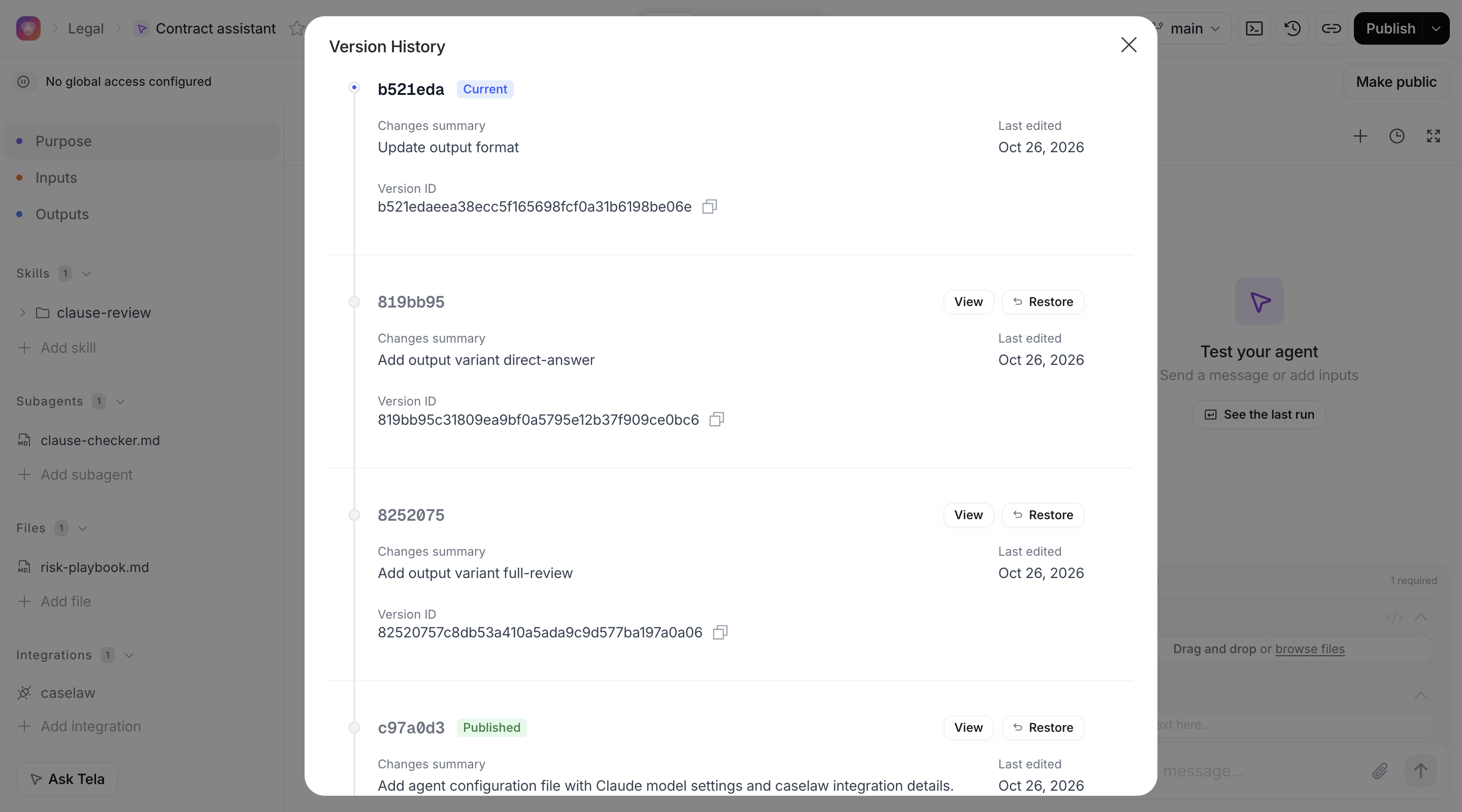 Version History dialog with the Current and Published marks