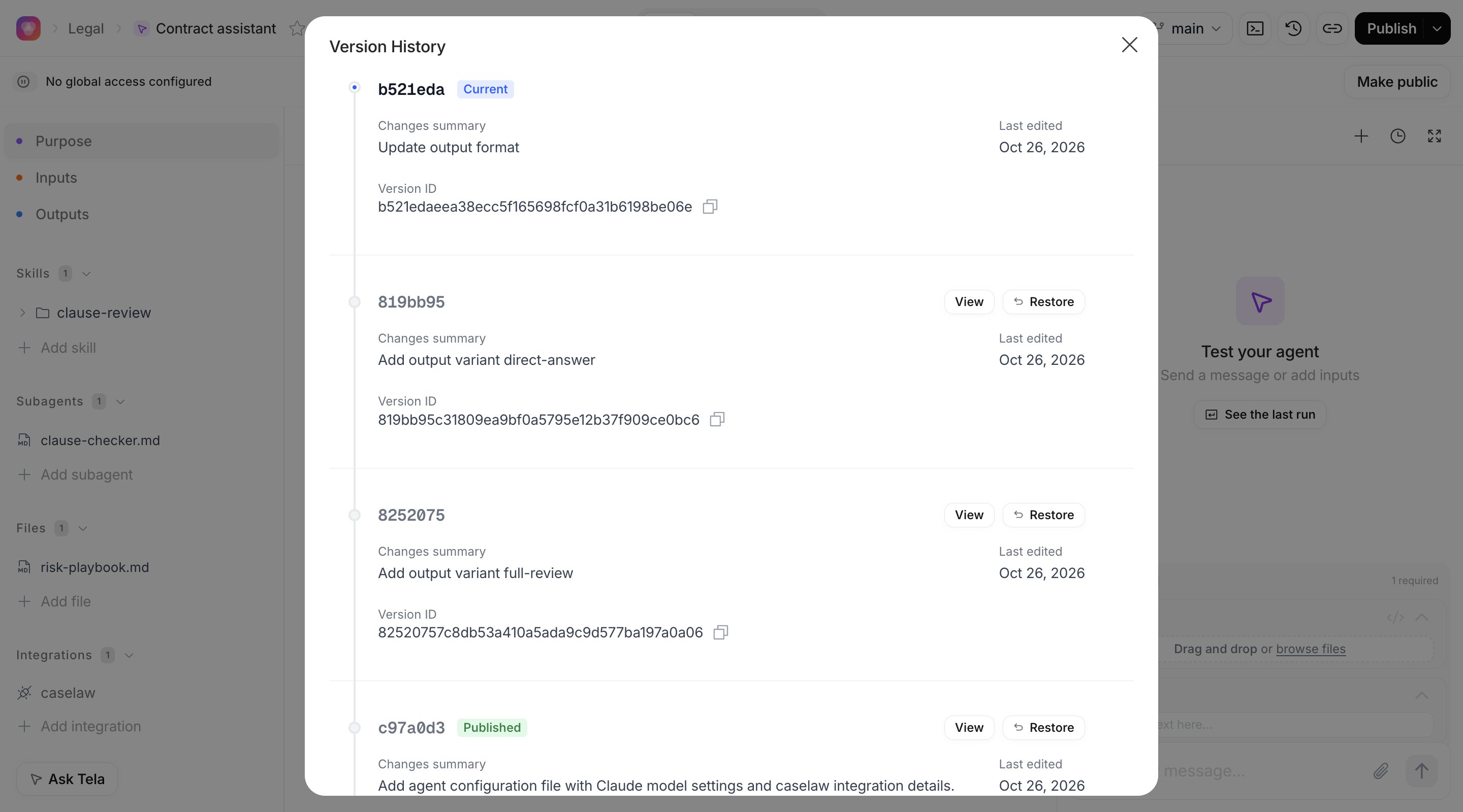 Version History dialog with the Current and Published marks