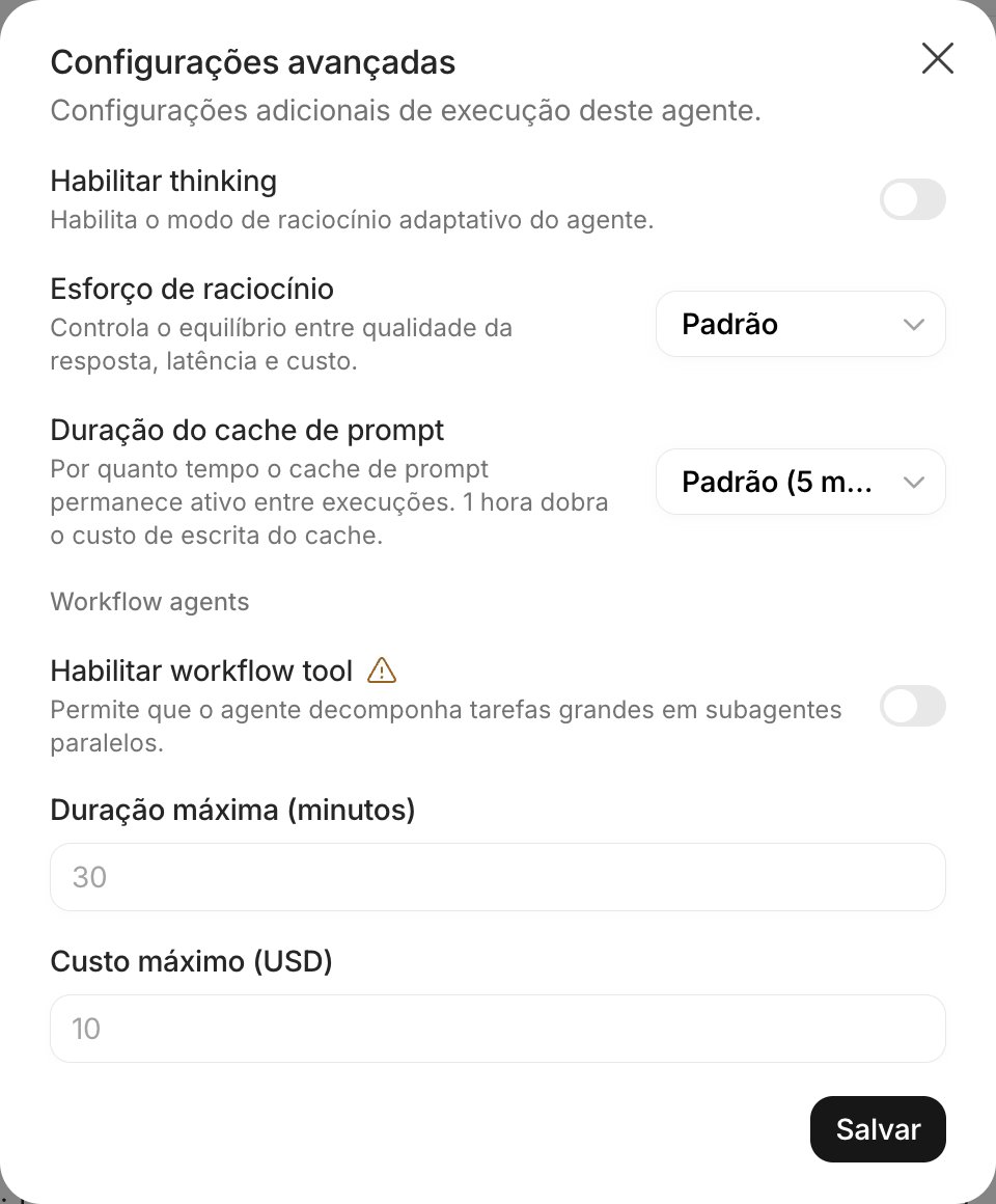 Diálogo Configurações avançadas com thinking, esforço de raciocínio, cache de prompt e workflow agents